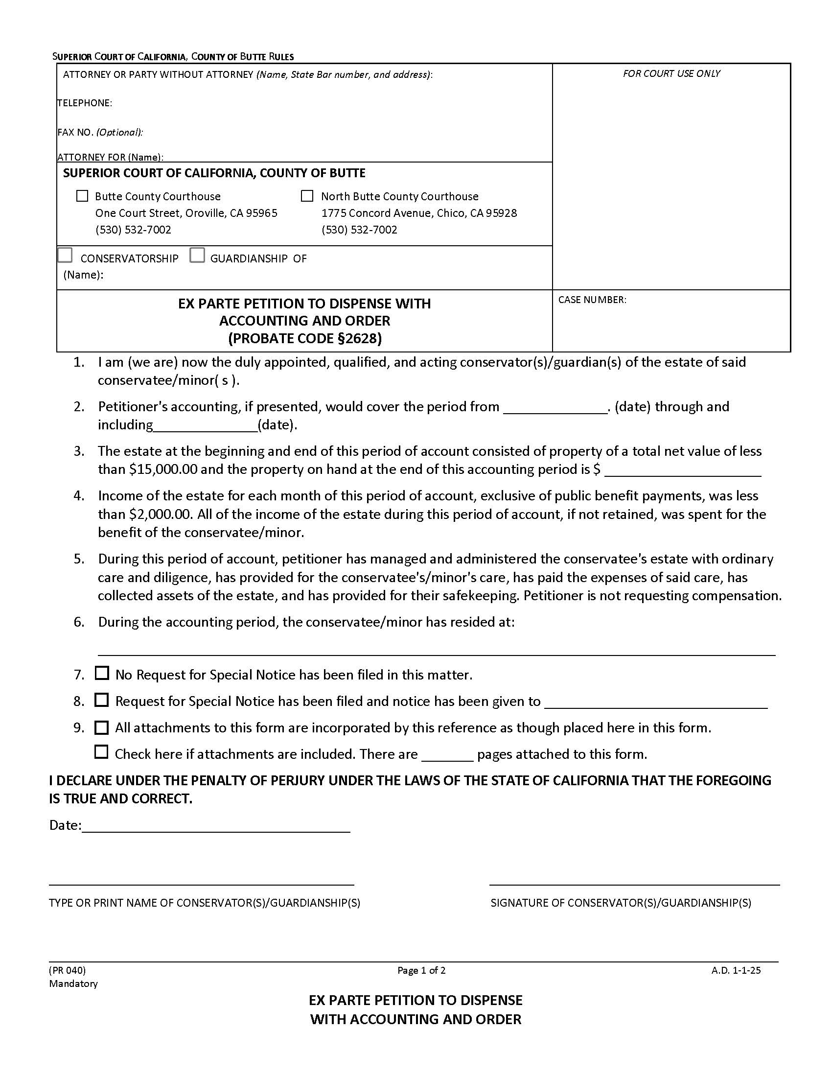 Ex Parte Petition To Dispense With Accounting And Order {PR.040} | Pdf Fpdf Docx | California