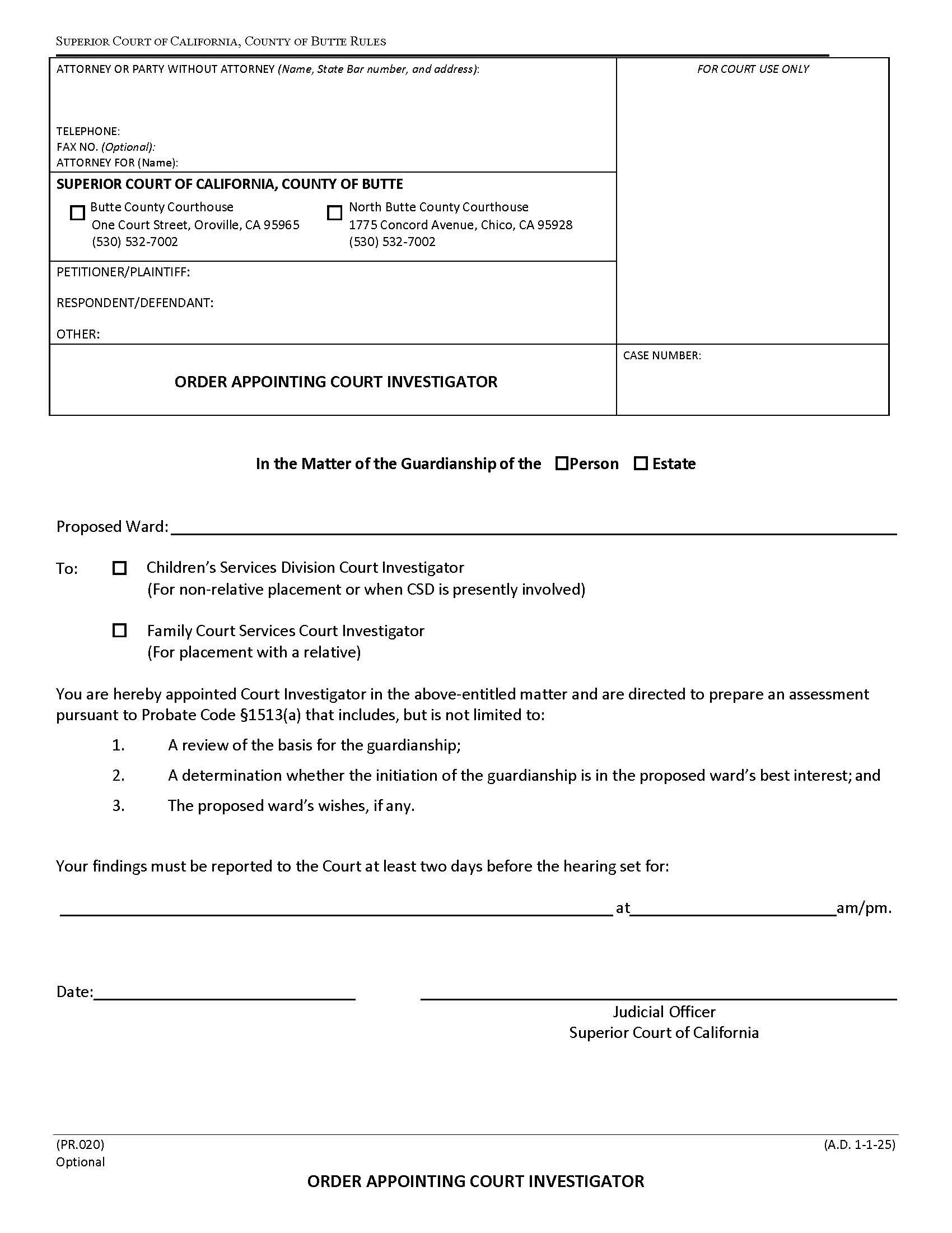 Order Appointing Court Investigator {PR.020} | Pdf Fpdf Docx | California