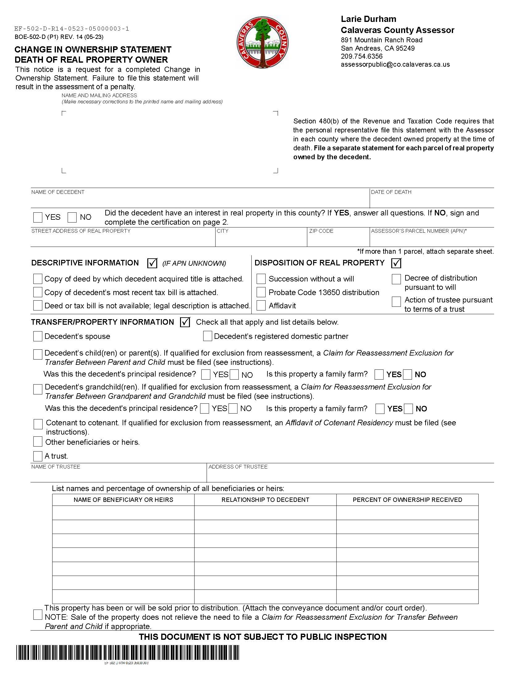 Change In Ownership Statement Death Of Real Property Owner (Calaveras) {BOE-502-D} | Pdf Fpdf Docx | California