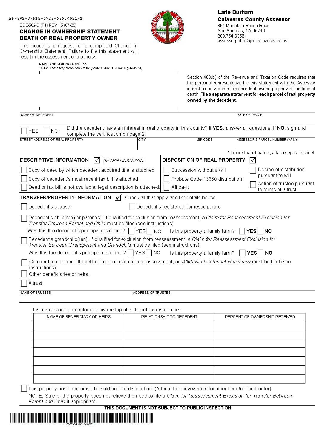 Change In Ownership Statement Death Of Real Property Owner (Calaveras) {BOE-502-D} | Pdf Fpdf Docx | California