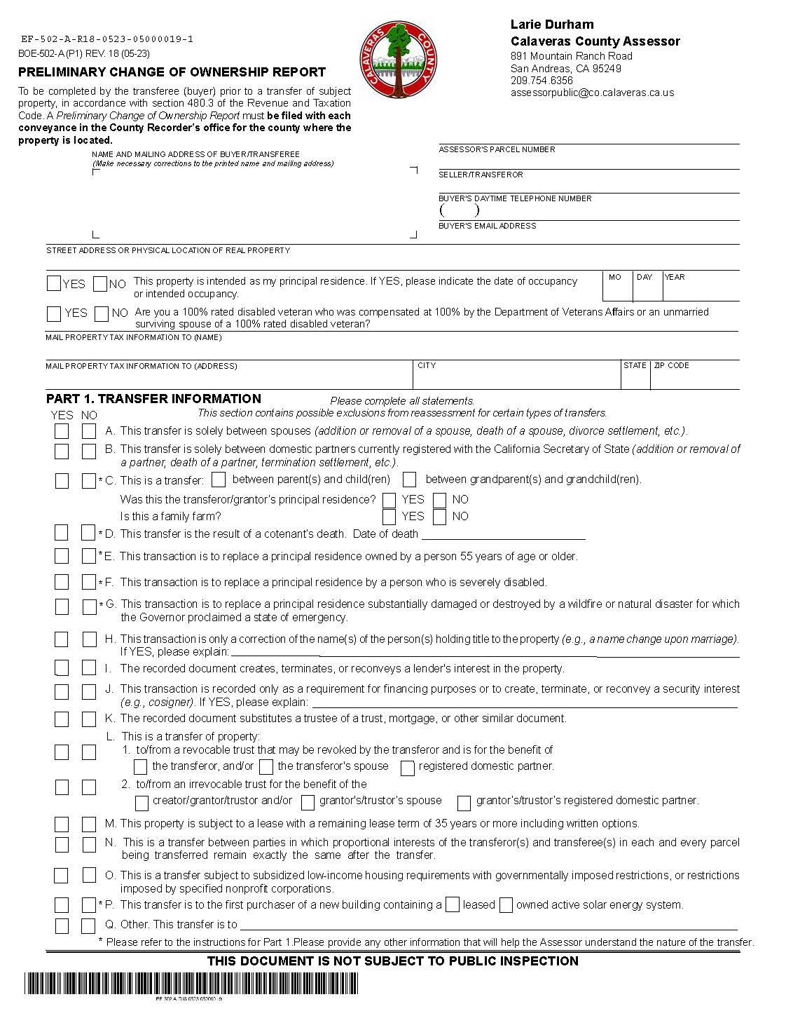 Preliminary Change Of Ownership Report (Calaveras County) {BOE-502-A} | Pdf Fpdf Docx | California