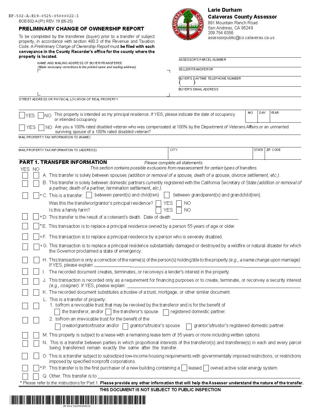 Preliminary Change Of Ownership Report (Calaveras County) {BOE-502-A} | Pdf Fpdf Docx | California