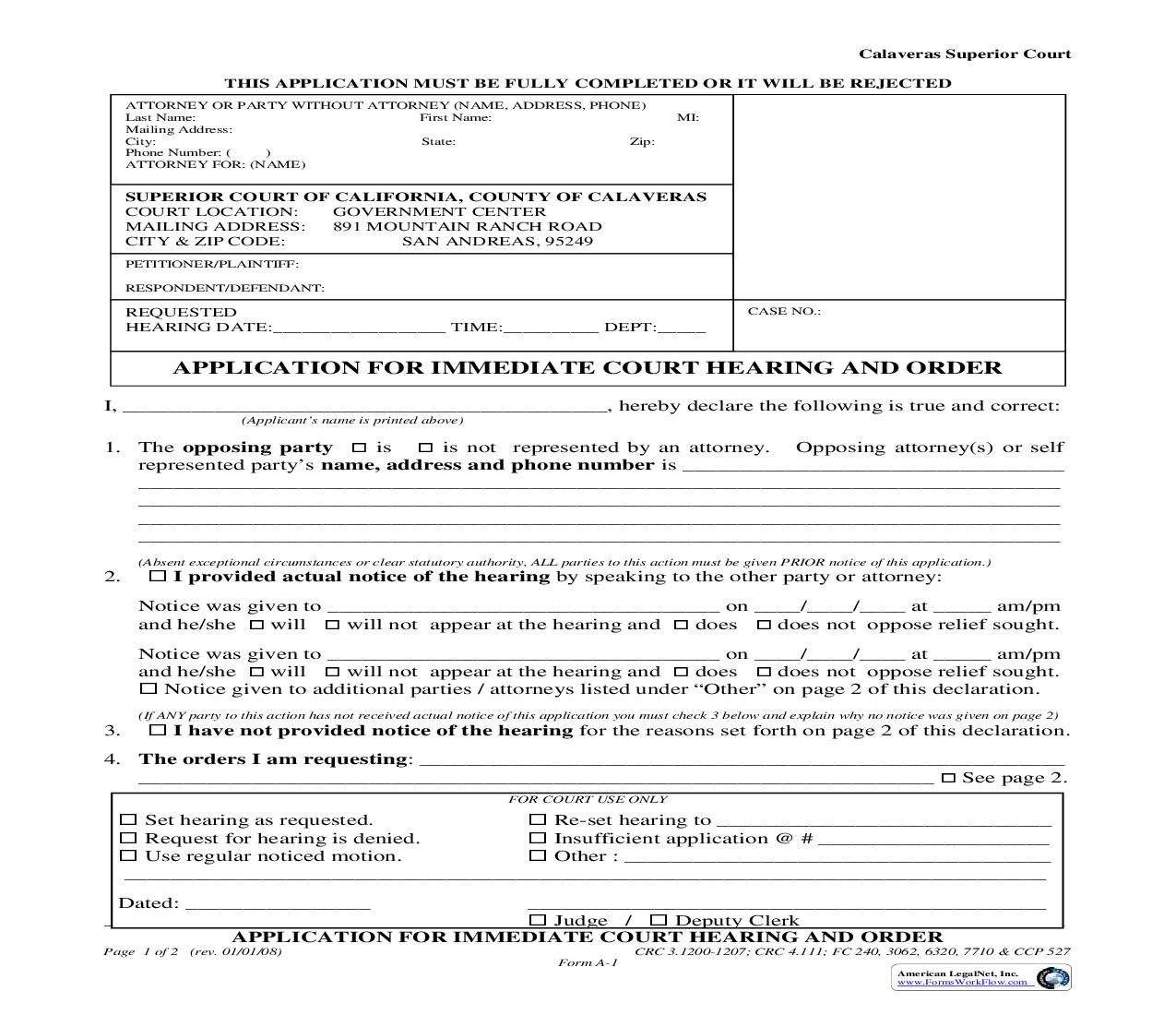 Application For Immediate Court Hearing And Order {A-1} | Pdf Fpdf Doc Docx | California