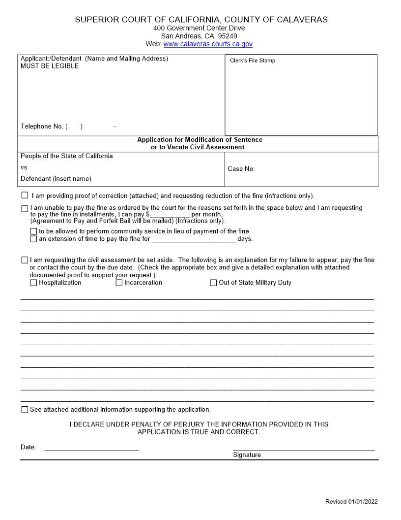 Application For Modification Of Sentence (Infractions) Or Vacate Civil Assessment | Pdf Fpdf Doc Docx | California