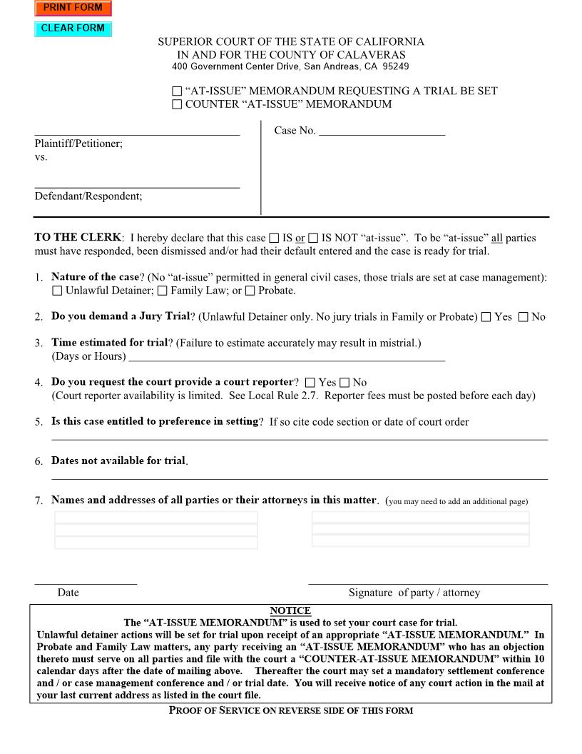 At Issue Memorandum Requesting That A Trial Be Set-Counter At Issue Memorandum | Pdf Fpdf Doc Docx | California