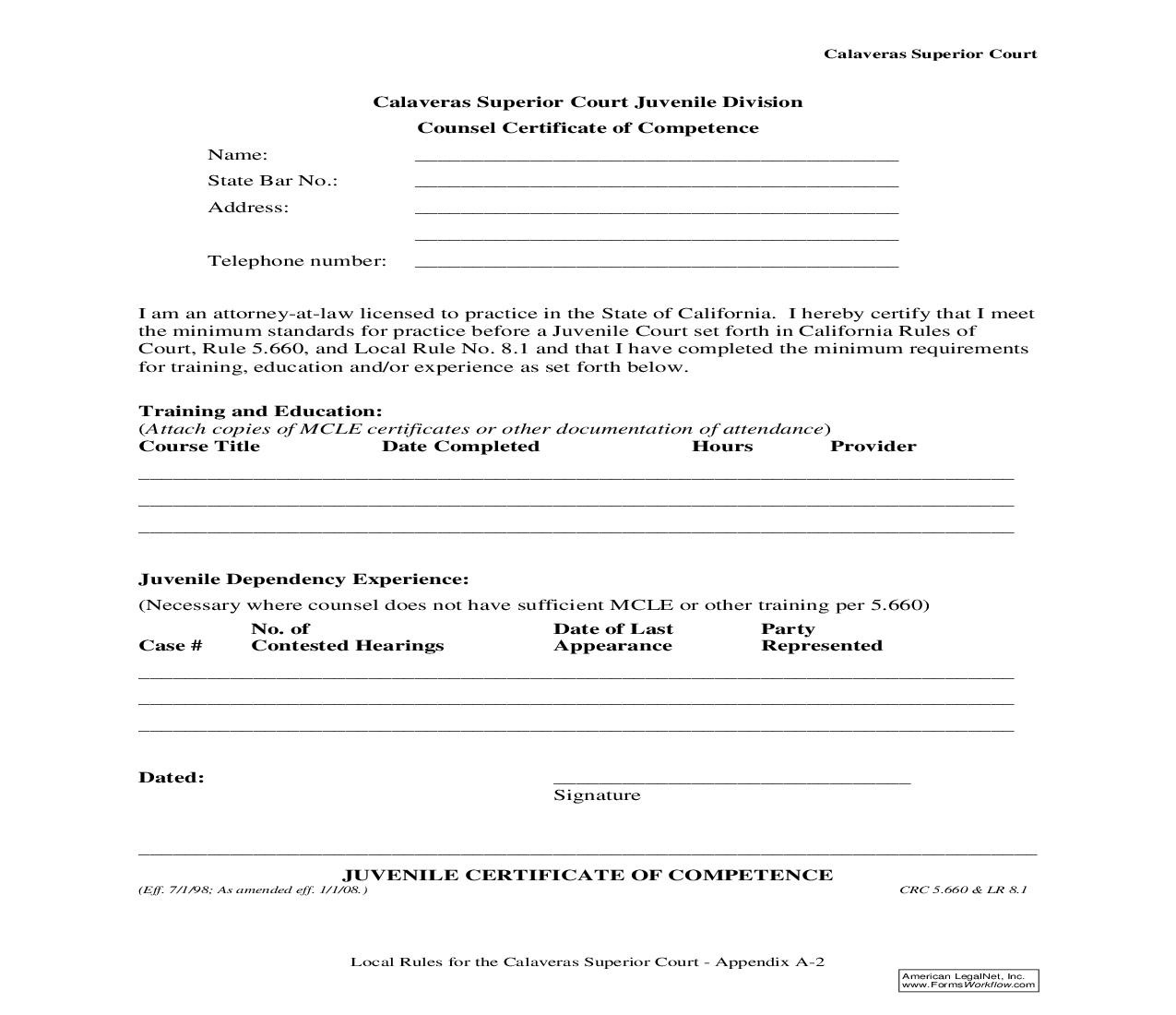 Counsel Certificate Of Competence {A-2} | Pdf Fpdf Doc Docx | California