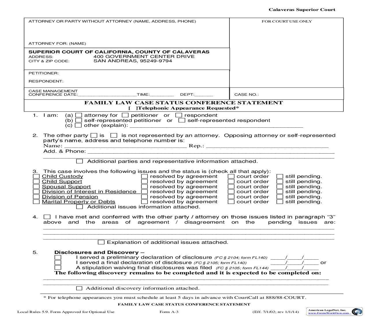 Family Law Case Management Conference Statement {A-3} | Pdf Fpdf Doc Docx | California