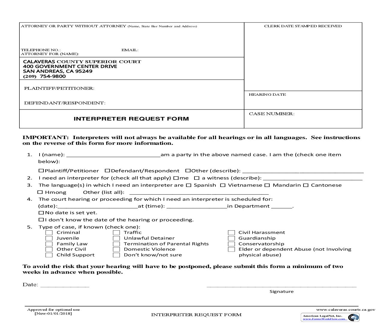 Interpreter Request Form | Pdf Fpdf Docx | California