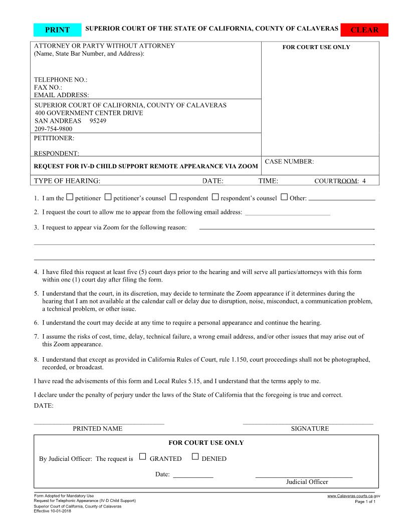 Request For Remote Appearance (IV-D Child Support) | Pdf Fpdf Docx | California
