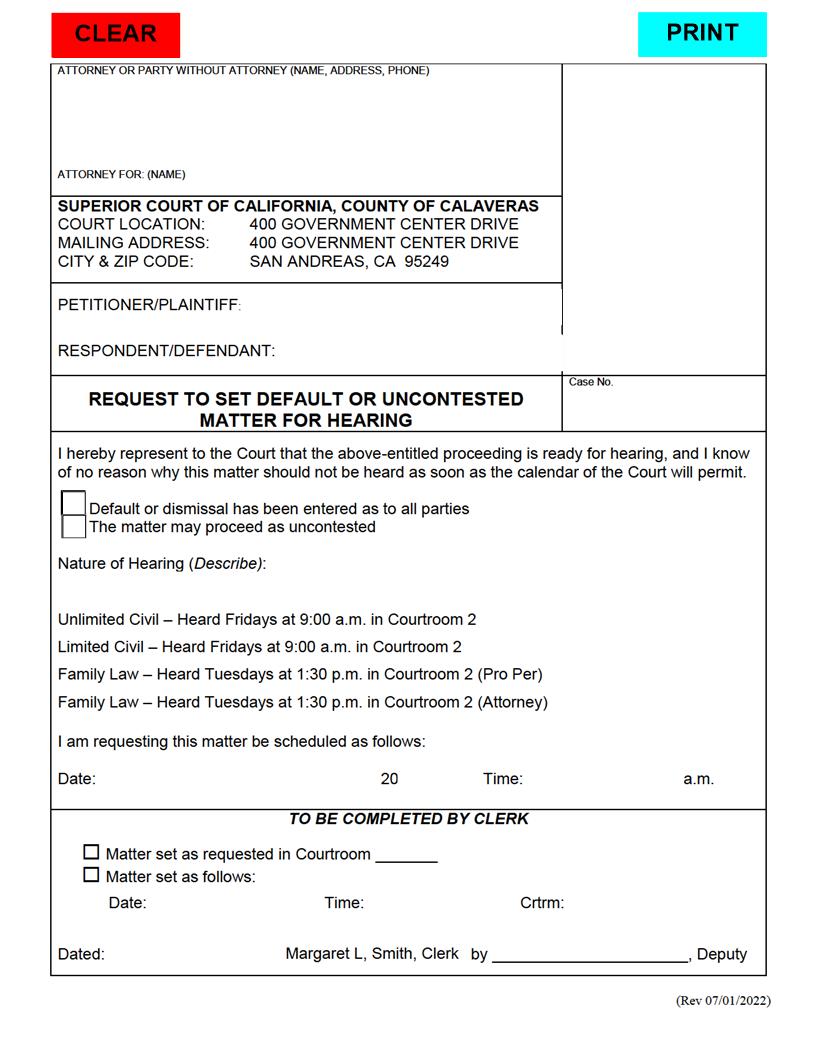 Request To Set Default Or Uncontested Matter For Hearing | Pdf Fpdf Doc Docx | California