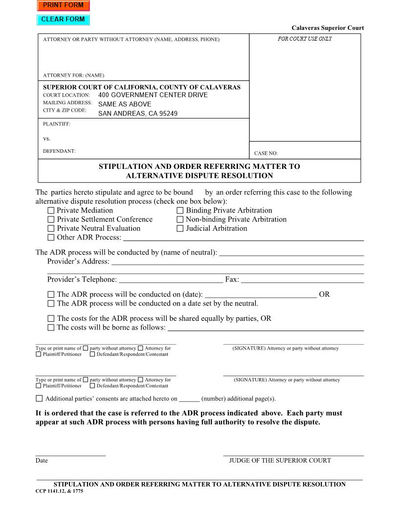Stipulation And Order Refering Matter To Alternative Dispute Resolution | Pdf Fpdf Doc Docx | California