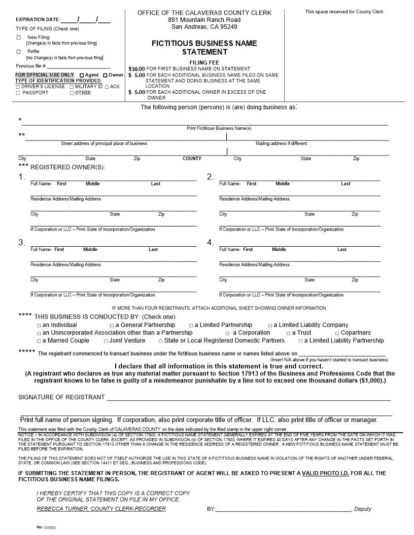 Fictitious Business Name Statement (Calaveras) | Pdf Fpdf Docx | California