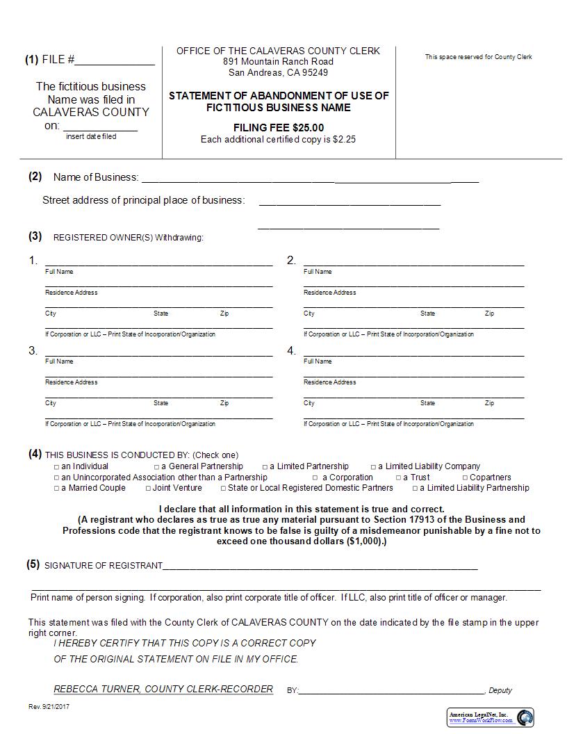 Statement Of Abandonment Use Of Fictitious Name Statement (Calaveras) | Pdf Fpdf Docx | California