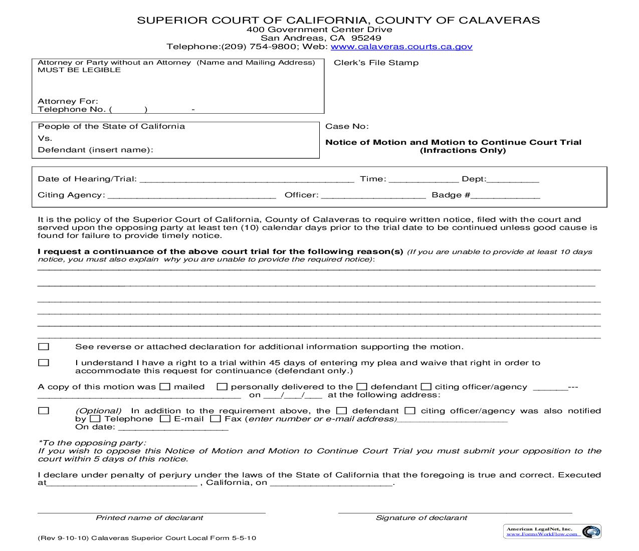 Notice Of Motion And Motion To Continue Court Trial (Infractions Only) | Pdf Docx | California
