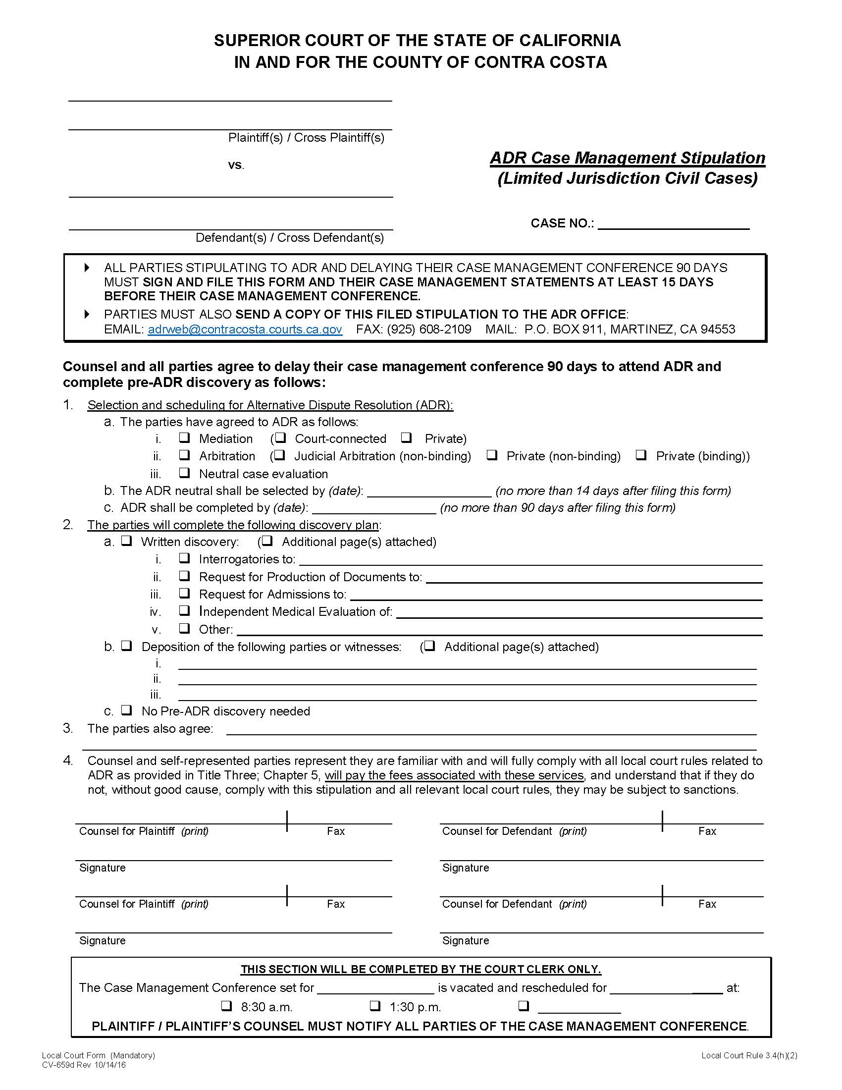 ADR Case Management Stipulation (Limited Jurisdiction Civil Cases) {CV-659d} | Pdf Fpdf Doc Docx | California