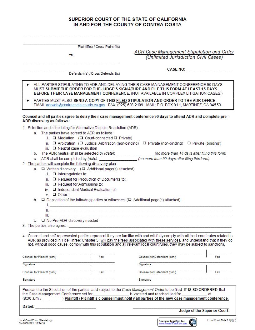 ADR Case Management Stipulation And Order (Unlimited Jurisdiction) {CV-655b} | Pdf Fpdf Docx | California