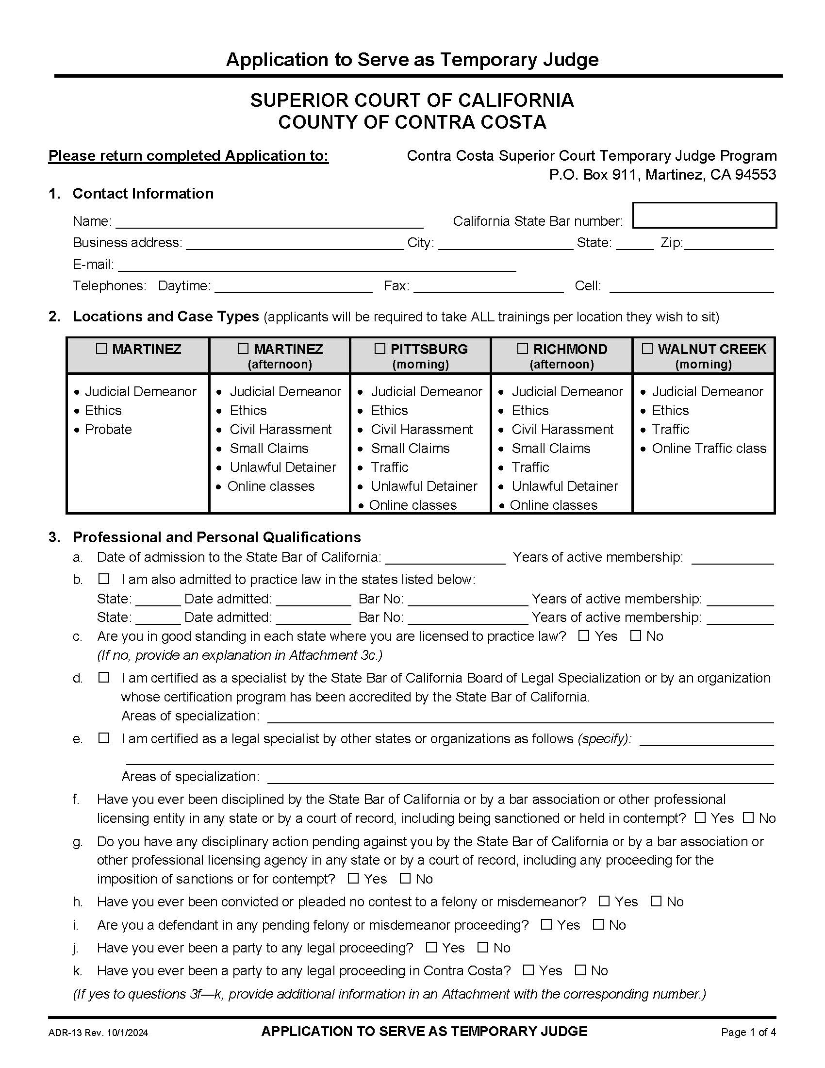 Application To Serve As Temporary Judge {ADR-13} | Pdf Fpdf Docx | California