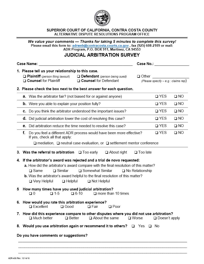 Arbitration Survey {ADR-406} | Pdf Fpdf Doc Docx | California