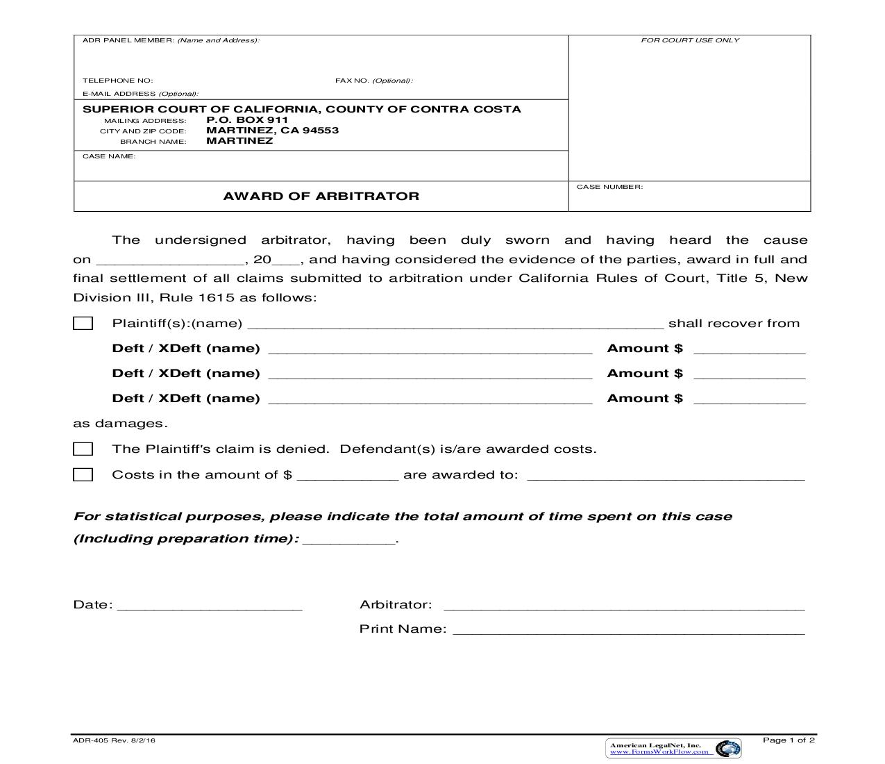 Arbitrator Award {ADR-405} | Pdf Fpdf Doc Docx | California