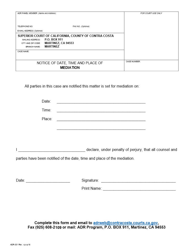 Mediation Notice Of Date And Time And Place {ADR-301} | Pdf Fpdf Doc Docx | California