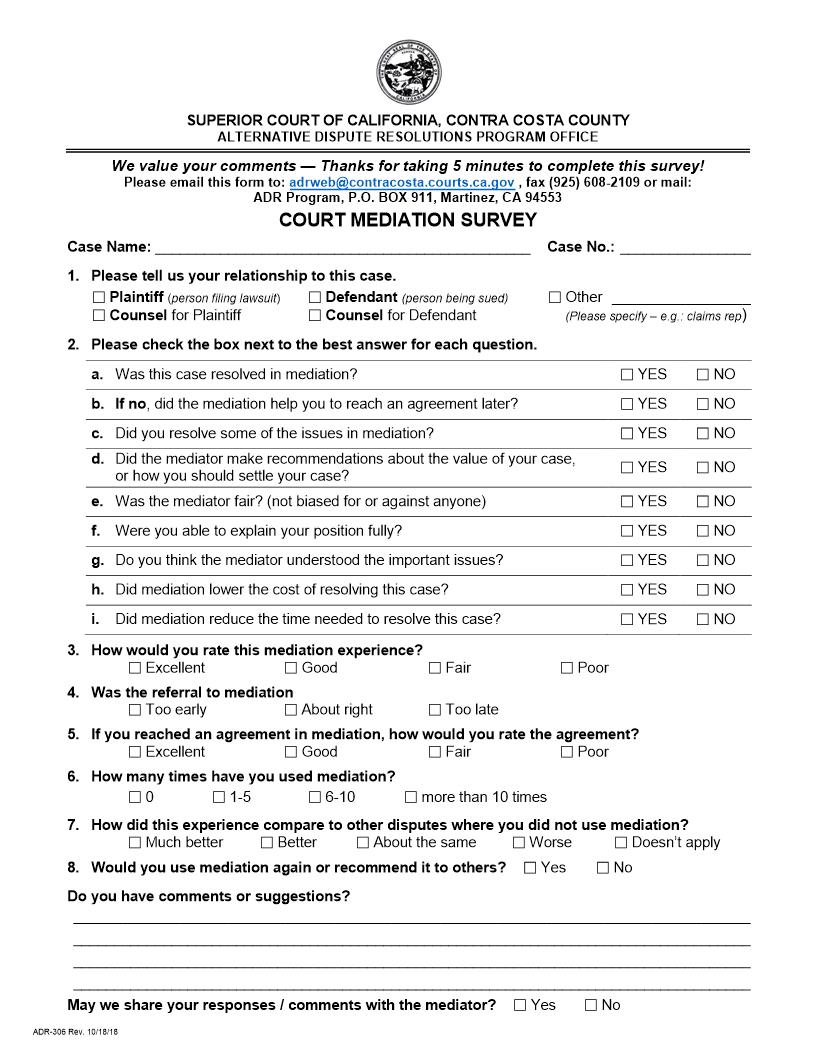 Mediation Survey {ADR-306} | Pdf Fpdf Doc Docx | California