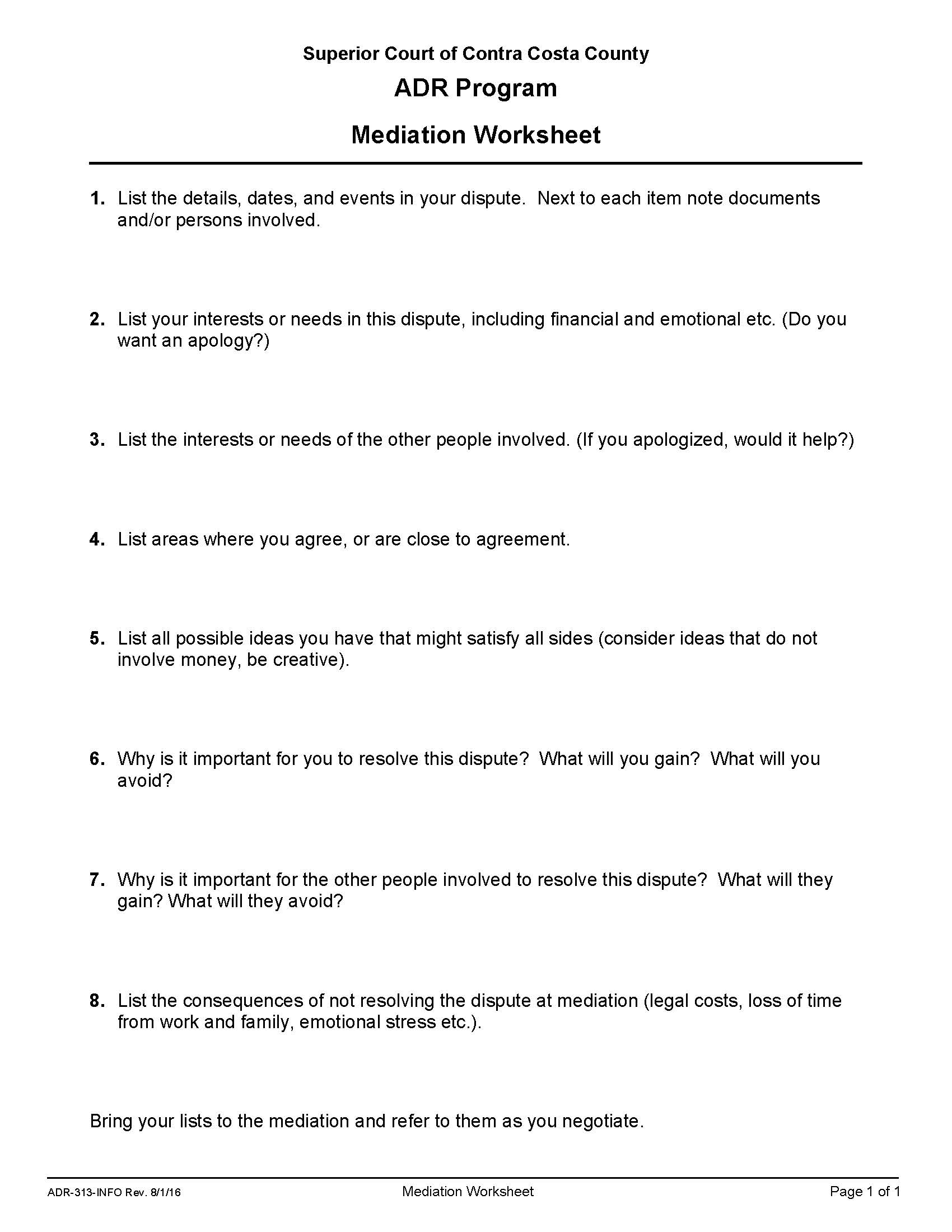 Mediation Worksheet {ADR-313-INFO} | Pdf Fpdf Doc Docx | California