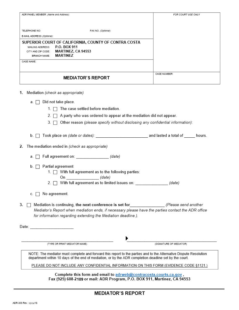 Mediators Report {ADR-305} | Pdf Fpdf Doc Docx | California