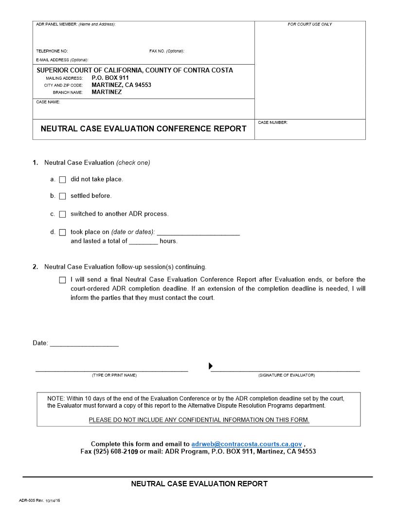Neutral Case Evaluation Conference Report {ADR-505} | Pdf Fpdf Doc Docx | California