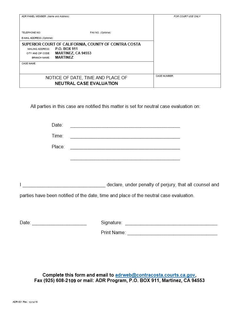 Neutral Case Evaluation Notice Of Date Time And Place {ADR-501} | Pdf Fpdf Doc Docx | California