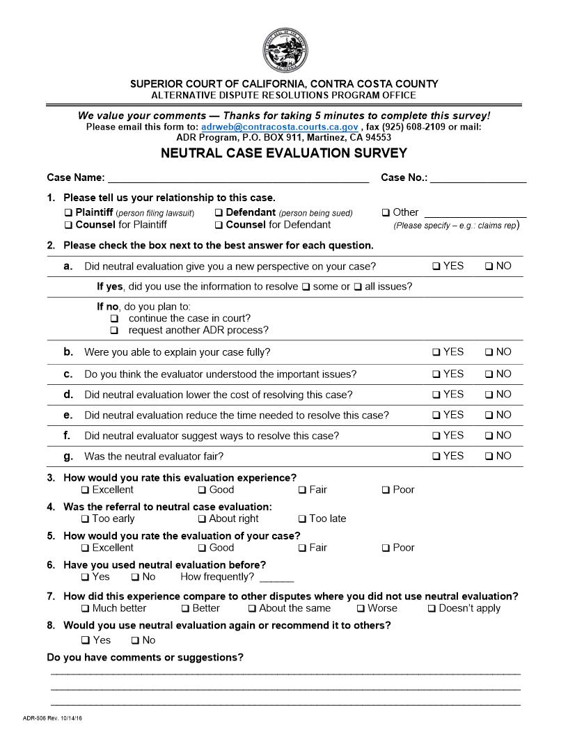 Neutral Case Evaluation Survey {ADR-506} | Pdf Fpdf Doc Docx | California