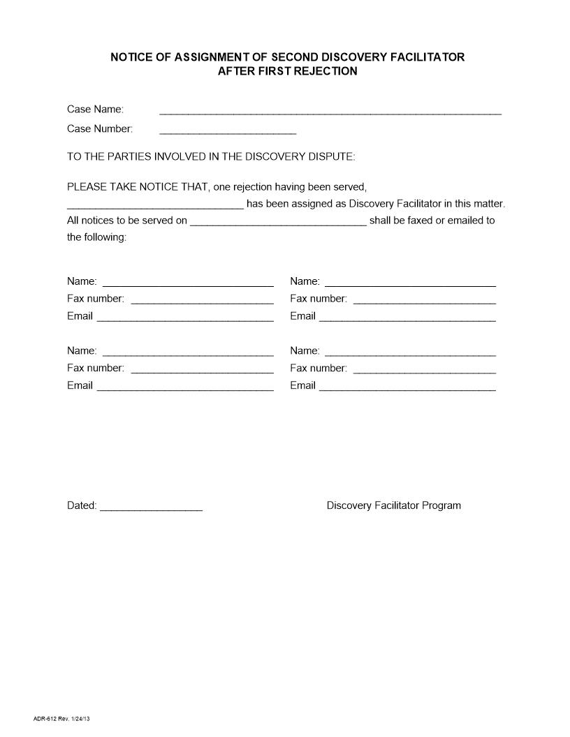 Notice Of Assignment Of Second Discovery Facilitator After First Rejection {ADR-612} | Pdf Fpdf Docx | California