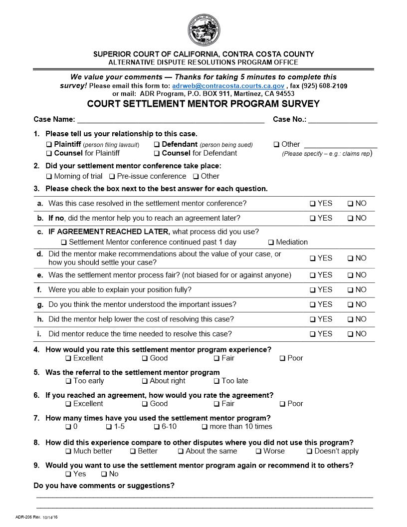 Settlement Mentor Survey {ADR-206} | Pdf Fpdf Doc Docx | California