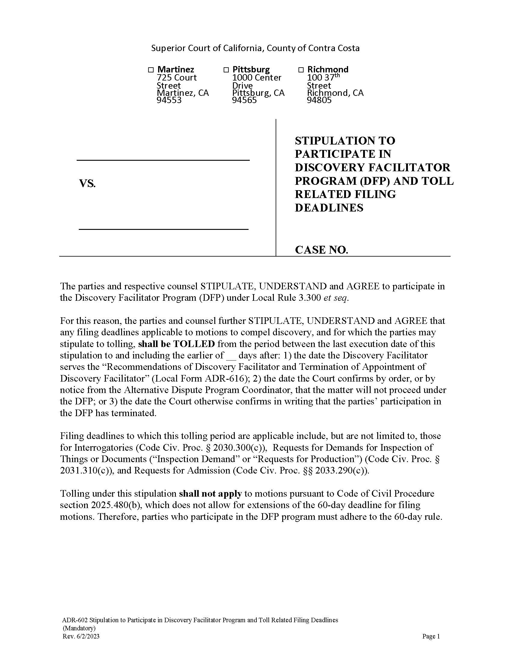 Stipulation To Participate In Discovery Facilitator Program {ADR-602} | Pdf Fpdf Docx | California
