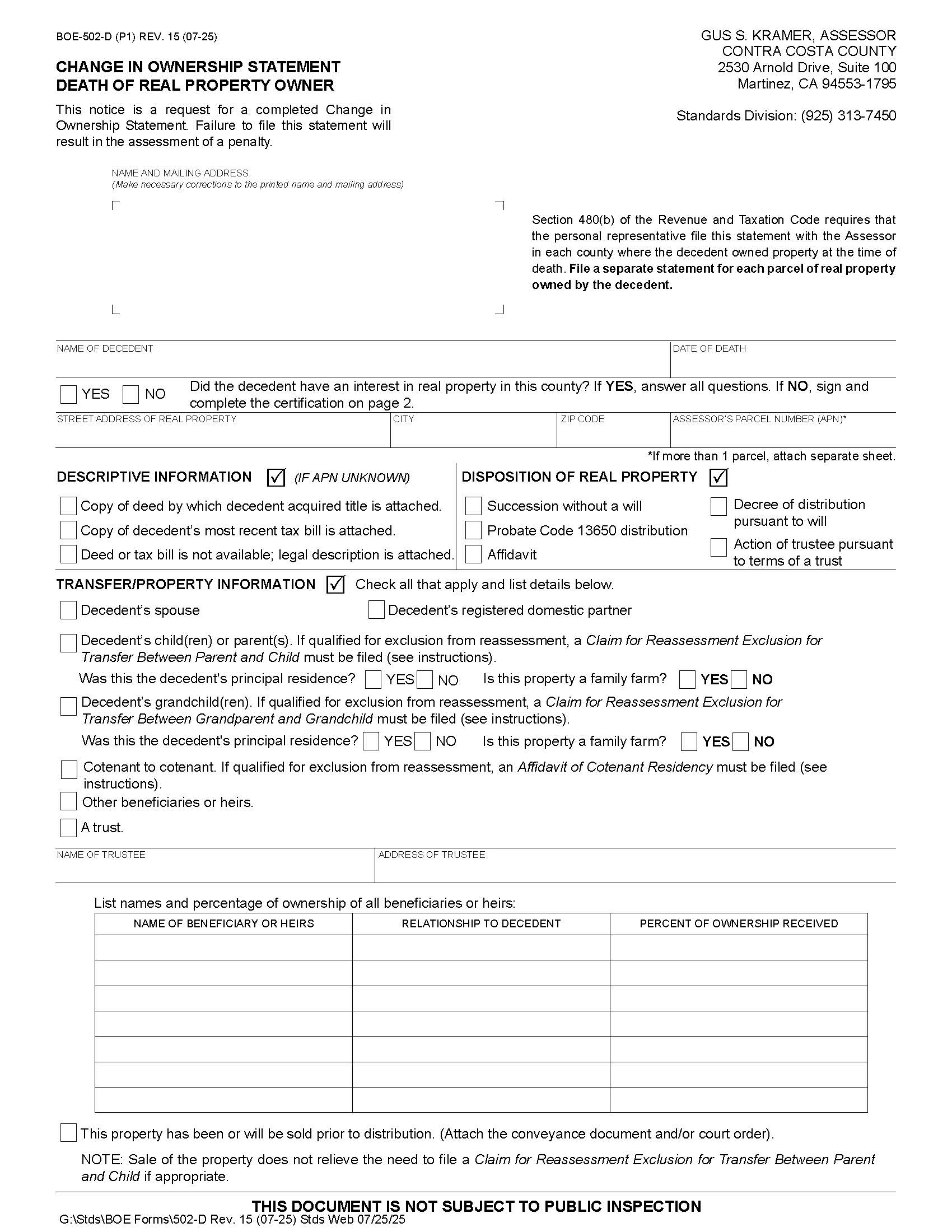 Change In Ownership Statement Death Of Real Property Owner (Contra Costa) {BOE-502-D} | Pdf Fpdf Docx | California