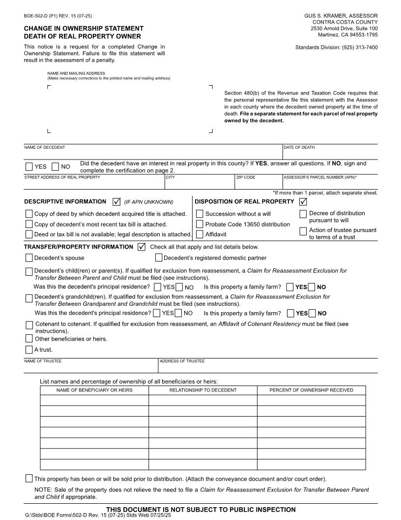 Change In Ownership Statement Death Of Real Property Owner (Contra Costa) {BOE-502-D} | Pdf Fpdf Docx | California