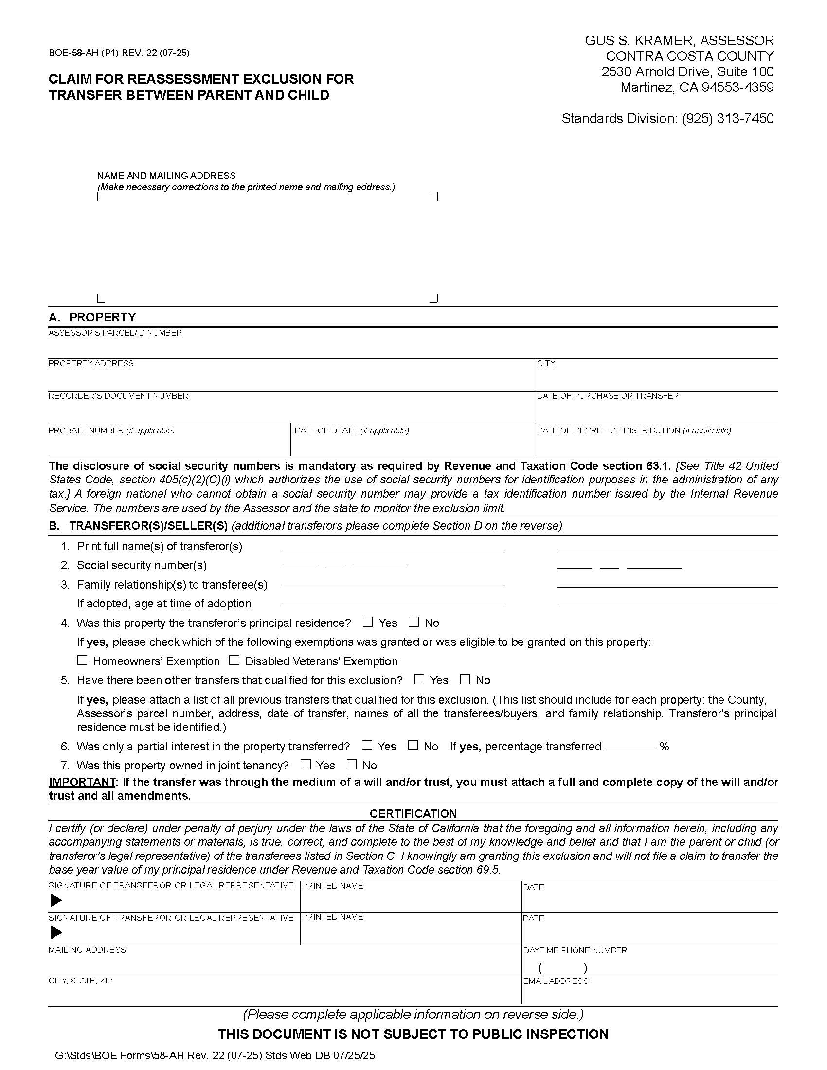 Claim For Reassessment Exclusion For Transfer Between Parent And Child (Before 02-16-21) (Contra Costa) {BOE-58-AH} | Pdf Fpdf Docx | California