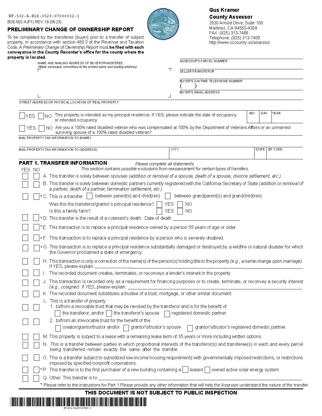 Preliminary Change Of Ownership Report (Contra Costa County) {BOE-502-A} | Pdf Fpdf Docx | California