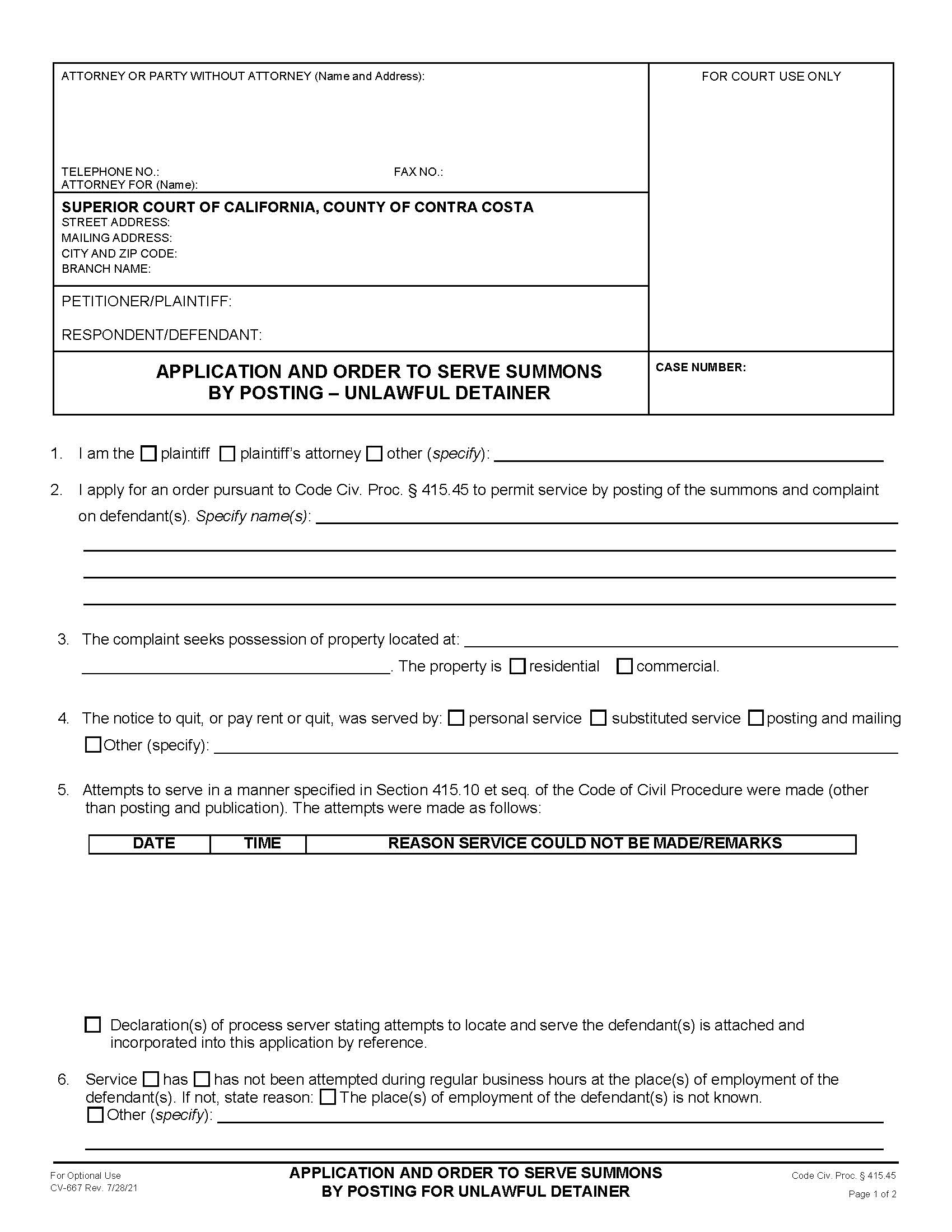 Application And Order To Serve Summons By Posting {CV-667} | Pdf Fpdf Docx | California
