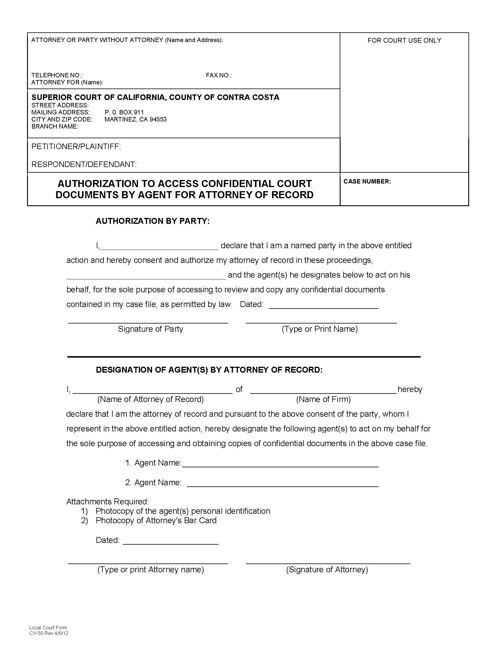 Authorization To Access Confidential Court Documents By Agent For Attorney {CV-50} | Pdf Fpdf Docx | California