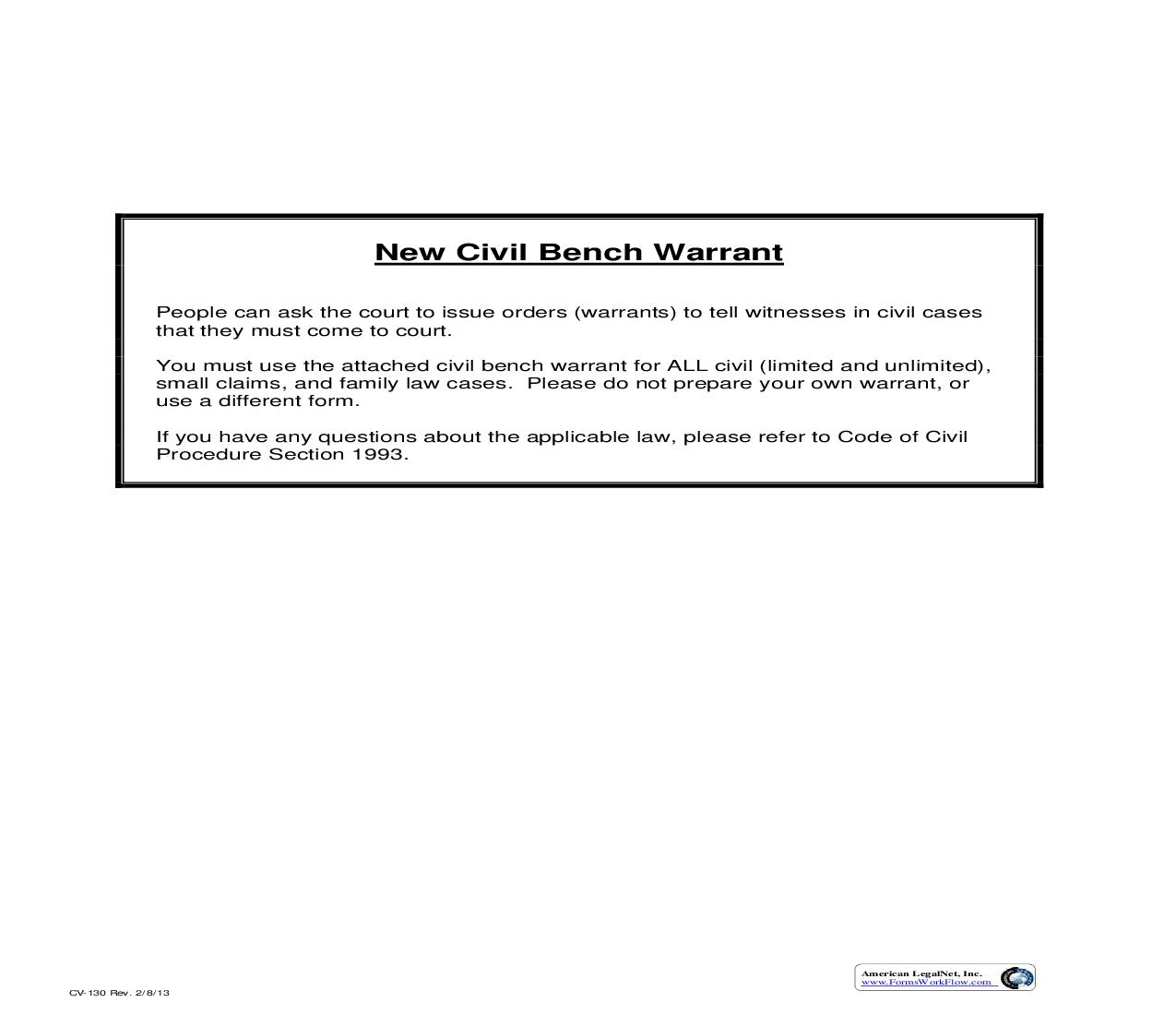 Civil Bench Warrant {CV-130} | Pdf Fpdf Doc Docx | California