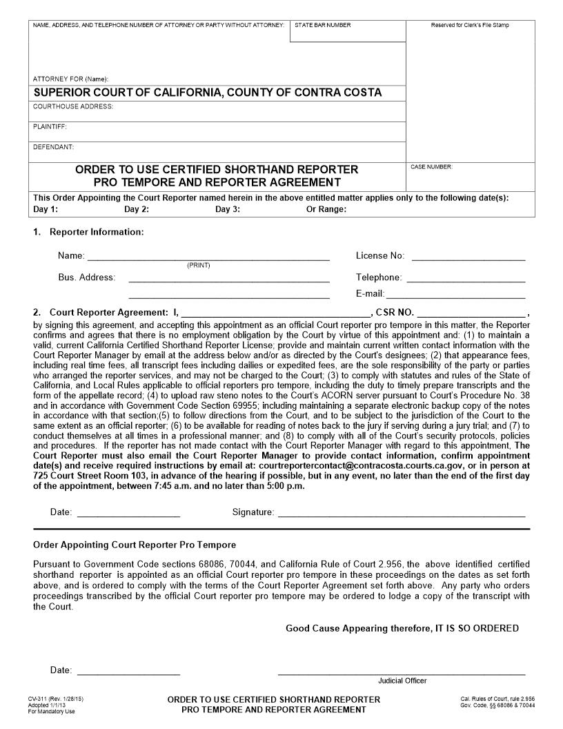 Order To Use Certified Shorthand Reporter Pro Tempore {CV-311} | Pdf Fpdf Docx | California