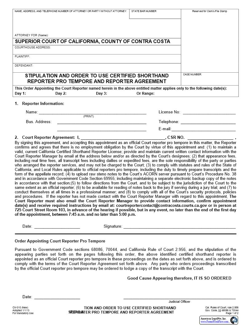 Stipulation And Order To Use Certified Shorthand Reporter Pro Tempore {CV-310} | Pdf Fpdf Docx | California