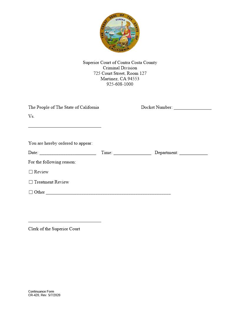 Continuance Form {CR-420} | Pdf Fpdf Docx | California