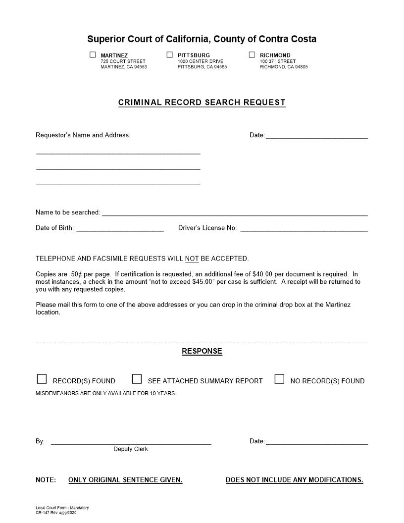 Criminal Record Search Request {CR-147} | Pdf Fpdf Docx | California