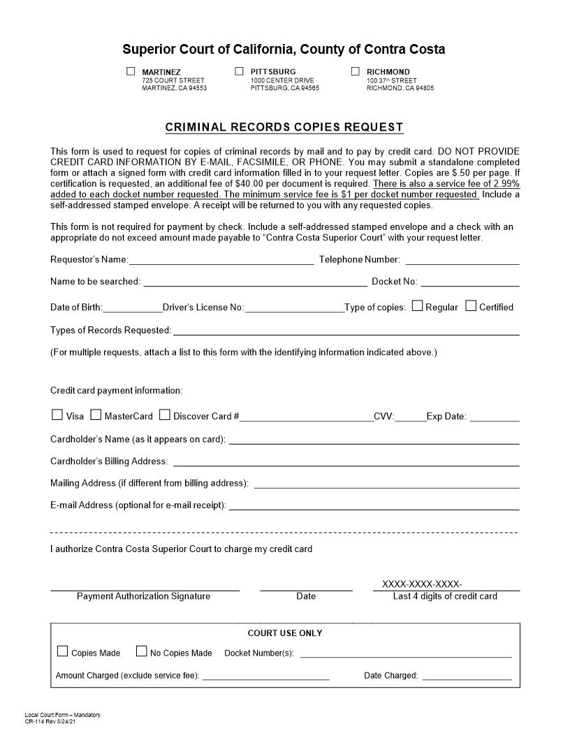 Criminal Records Copies Request {CR-114} | Pdf Fpdf Docx | California