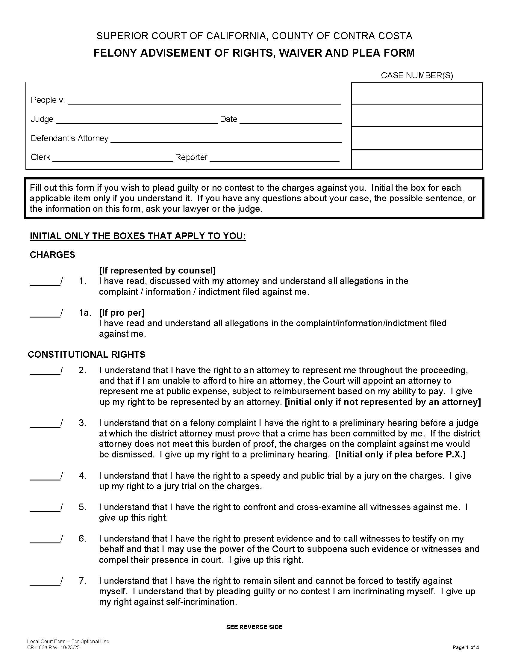 Felony Advisement Of Rights Waiver And Plea {CR-102a} | Pdf Fpdf Docx | California