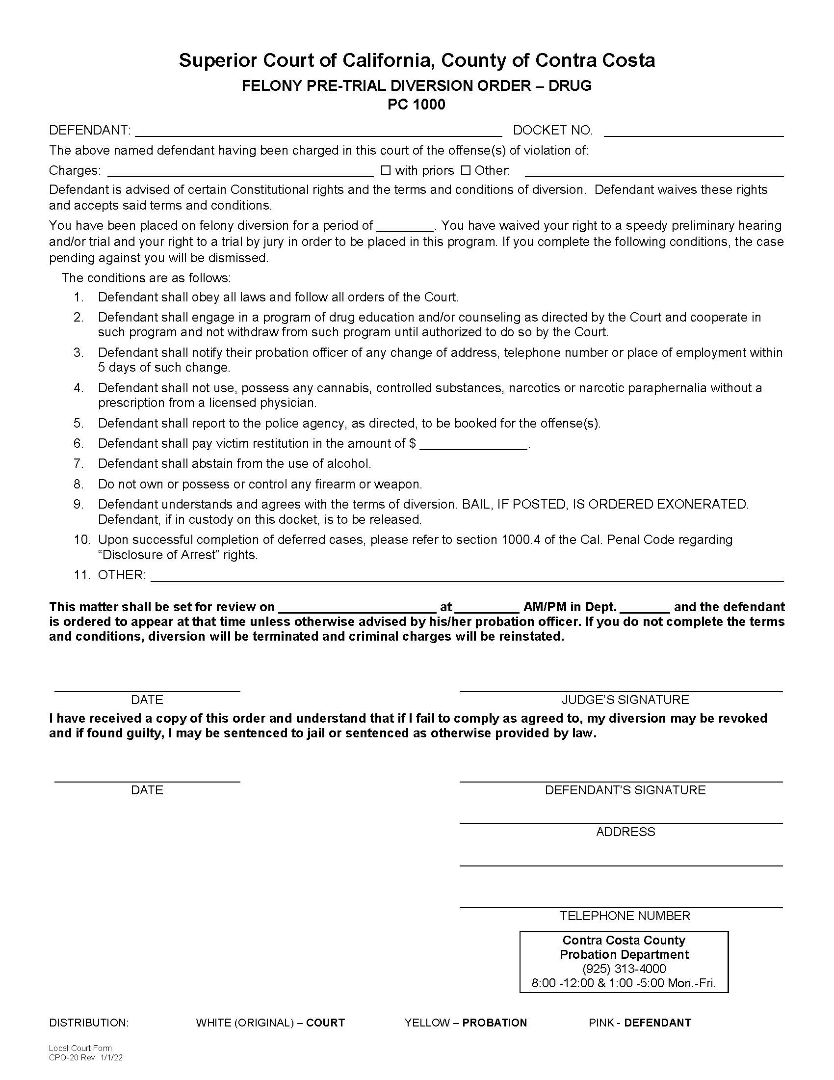 Felony Pre-Trial Diversion Order {CPO-20} | Pdf Fpdf Docx | California