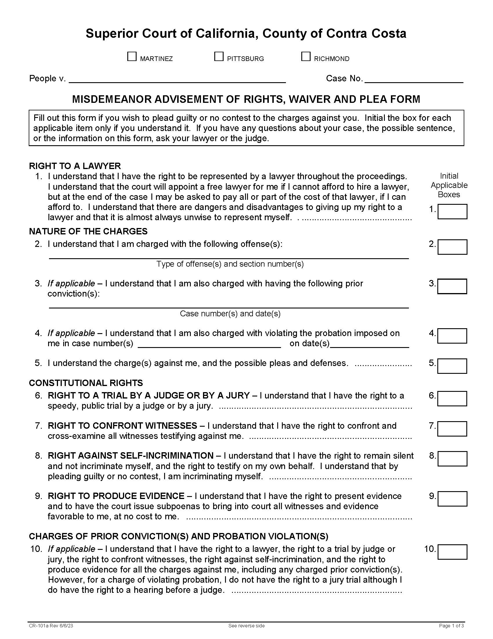 Misdemeanor Advisement Of Rights Waiver And Plea {CR-101A} | Pdf Fpdf Docx | California
