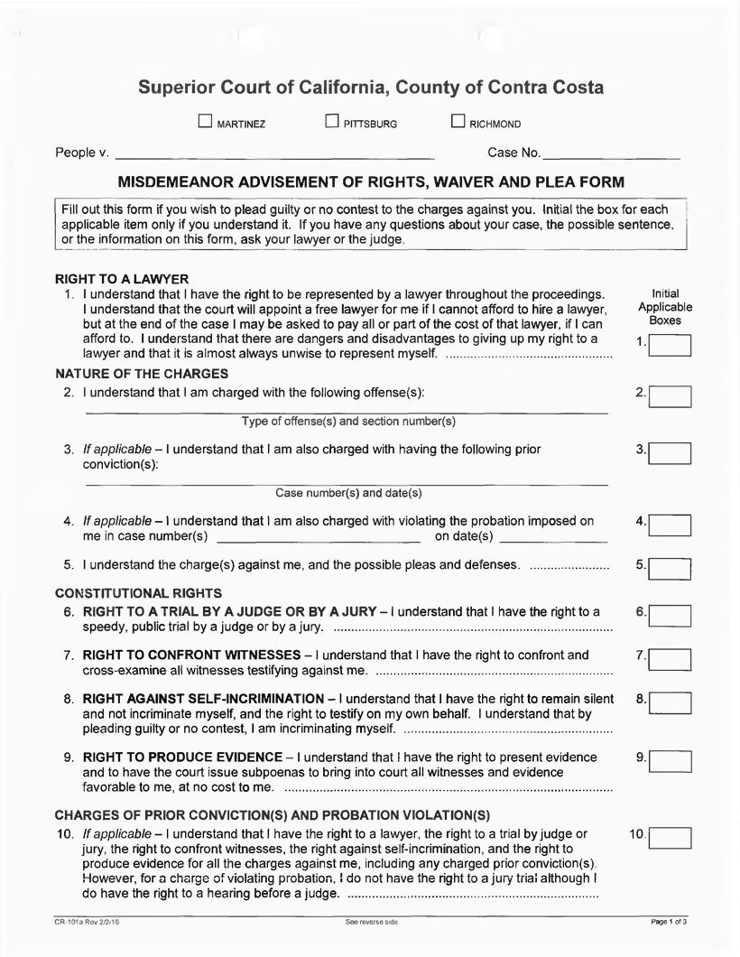 Misdemeanor Plea Form {CR-110A} | Pdf Fpdf Docx | California