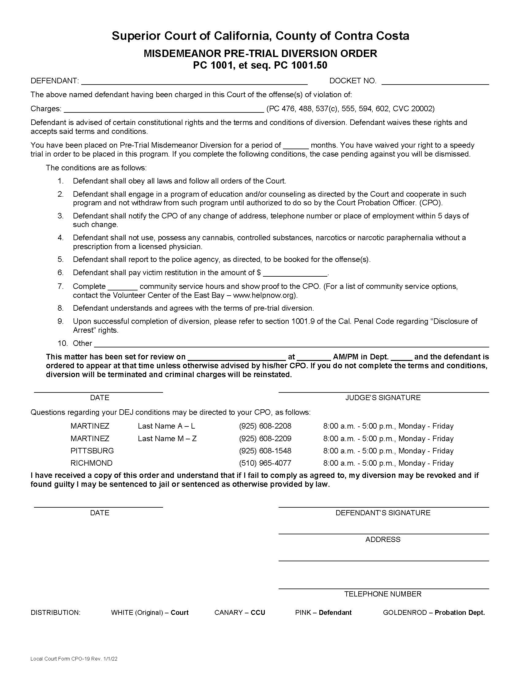 Misdemeanor Pre-Trial Diversion Order {CPO-19} | Pdf Fpdf Docx | California